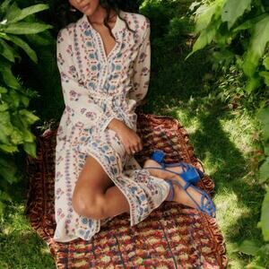 Anthropologie Linen Red White Blue Floral Maxi Shirt Dress By Magaschoni Medium